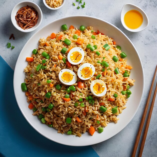 Foto um prato de arroz com arroz e legumes e pauzinhos