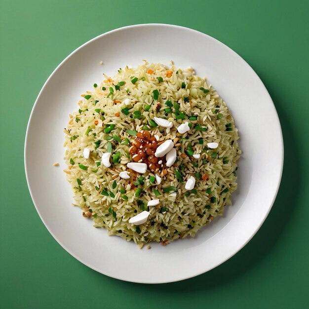 Foto um prato de arroz com arroz e um molho castanho nele