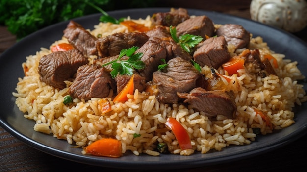 Um prato de arroz com carne e legumes