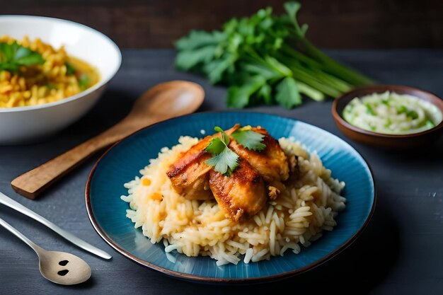 Um prato de arroz com frango e arroz