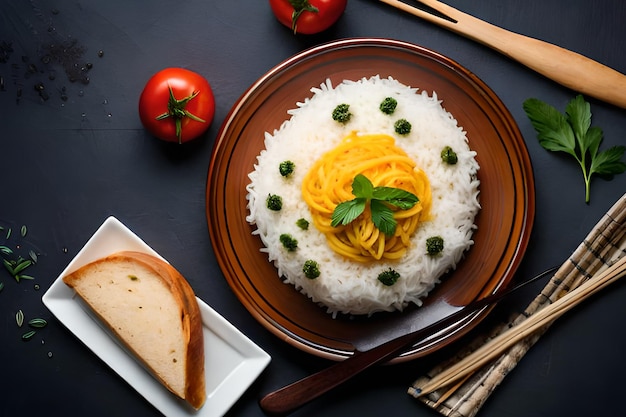 Um prato de arroz com um pedaço de pão ao lado