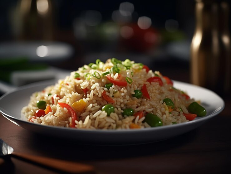 Foto um prato de arroz frito com legumes