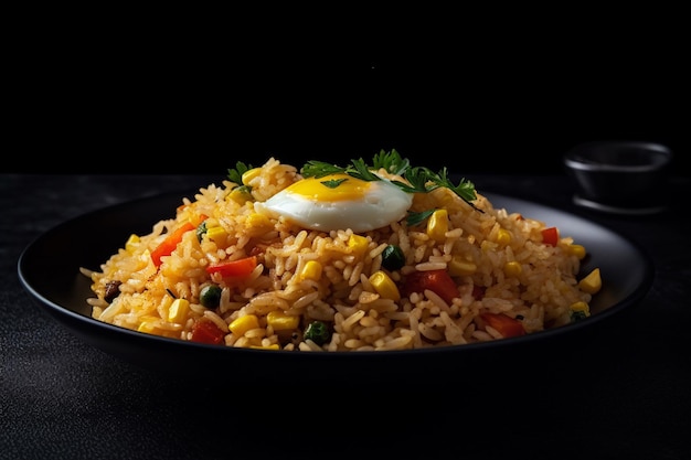 Um prato de arroz frito com um ovo por cima