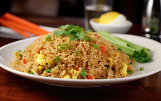 Um prato de arroz frito com uma pilha de verduras ao lado.