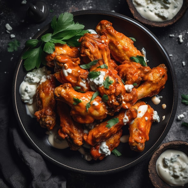 Um prato de asas de frango com queijo azul e ervas verdes.