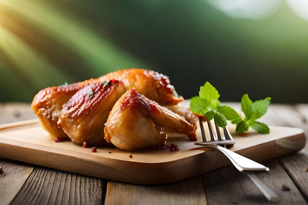 Um prato de asas de frango com um garfo em uma mesa de madeira.