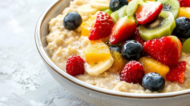 Um prato de aveia cremosa com frutas frescas em um ambiente minimalista