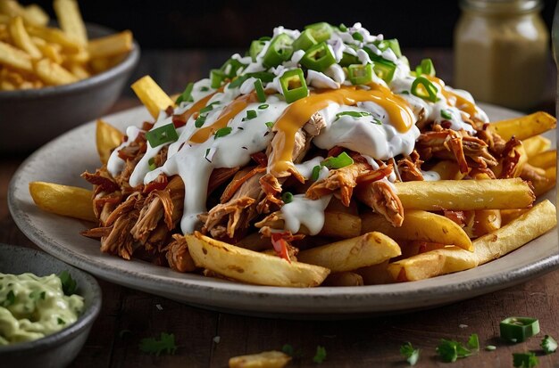 Um prato de batatas fritas carregadas com frango puxado e