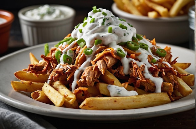 Um prato de batatas fritas carregadas com frango puxado e