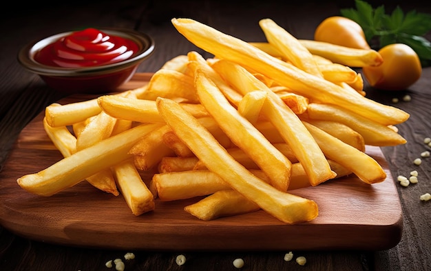 Um prato de batatas fritas com ketchup e ketchup ao lado.