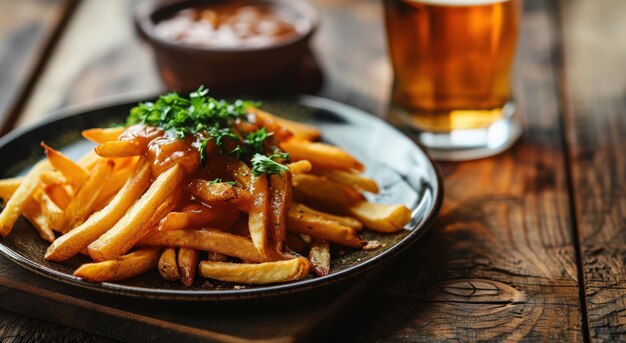 Um prato de batatas fritas com molho e um copo de cerveja