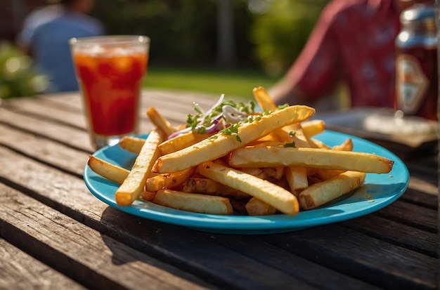 Foto um prato de batatas fritas com um fundo desfocado de um verão