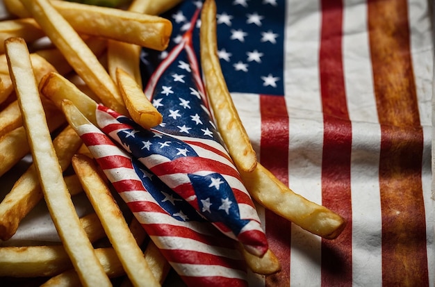 Um prato de batatas fritas com uma pequena bandeira americana enfiada