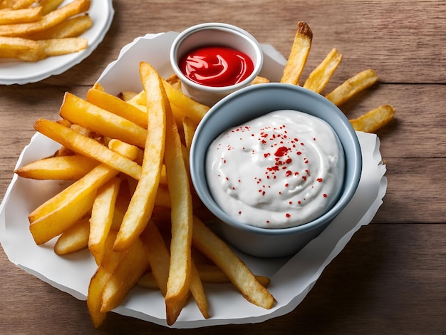Um prato de batatas fritas com uma tigela de ketchup e uma tigela de ketchup.