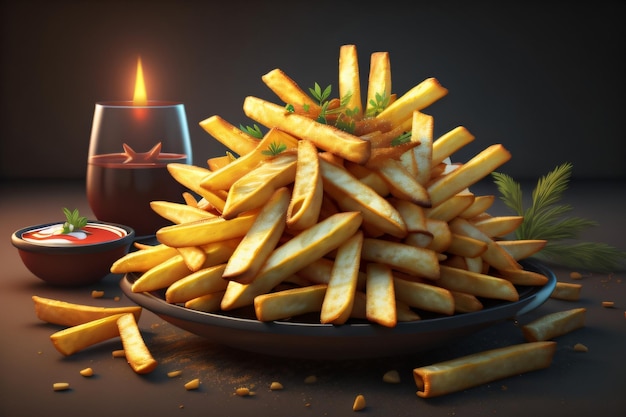 Foto um prato de batatas fritas com uma vela atrás.