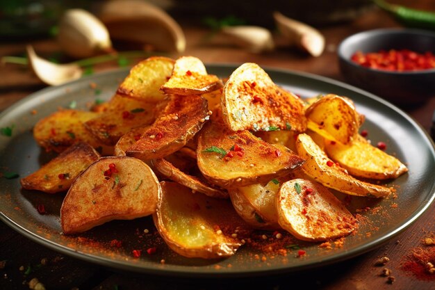 Um prato de batatas fritas crocantes com molho de pimenta vermelha ao lado.