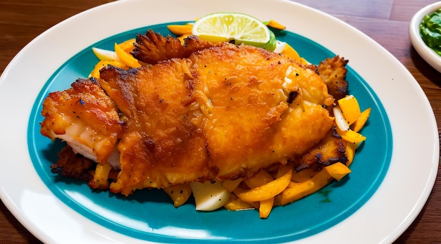 Um prato de batatas fritas de peixe perfeitas.