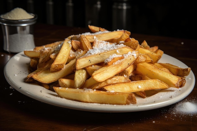 Um prato de batatas fritas feitas na hora com uma pitada de sal e pimenta