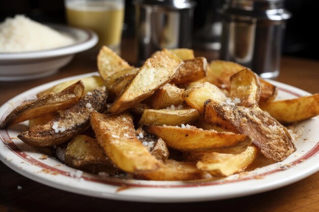 Um prato de batatas fritas feitas na hora polvilhadas com sal e pimenta