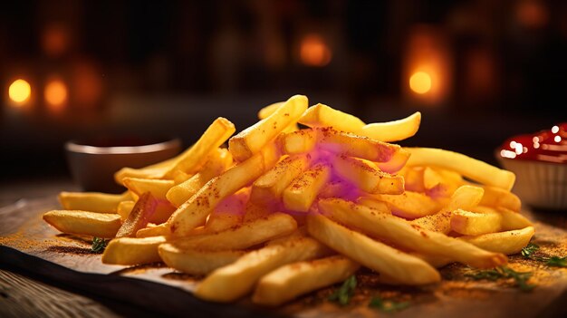 Foto um prato de batatas fritas mantidas em uma mesa de madeira bonito bokeh ia generativa