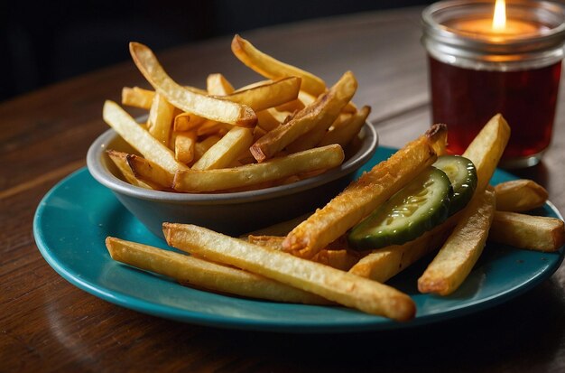 Foto um prato de batatas fritas servido com um lado de picles