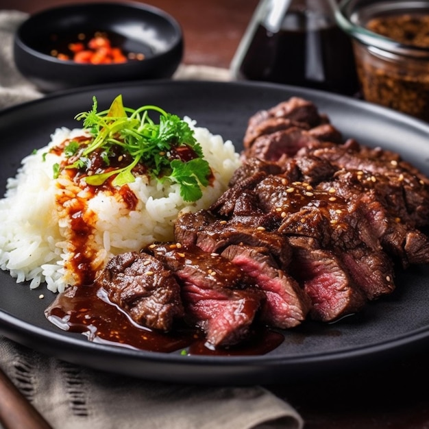 Um prato de bife com arroz e molho.