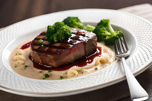 um prato de bife com brócolis e um garfo.