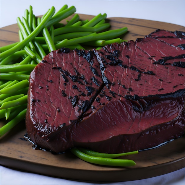 Um prato de bife com feijão verde