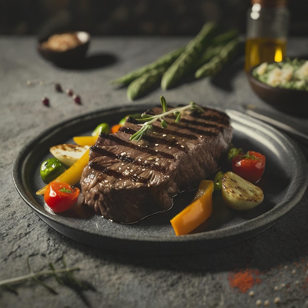 Um prato de bife com vegetais sobre ele em pedra de superfície cinzenta Ai Gerado