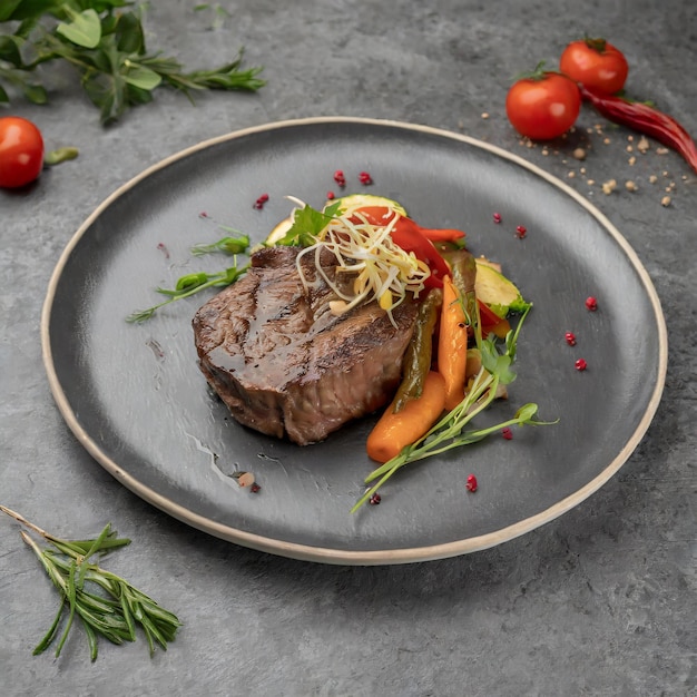 Foto um prato de bife com vegetais sobre ele em pedra de superfície cinzenta ai gerado