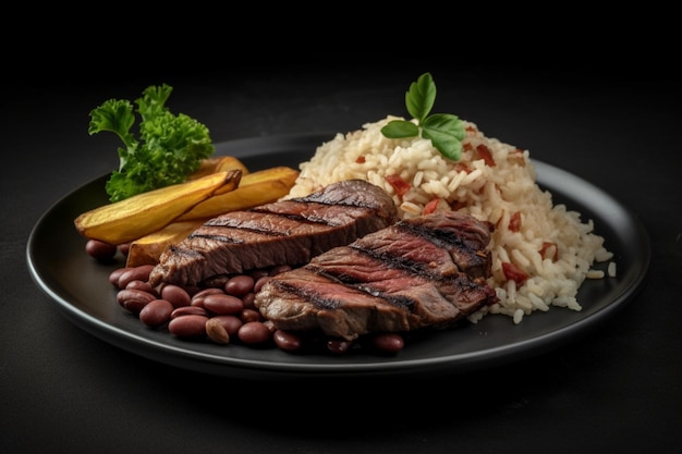 Um prato de bifes com arroz e feijão em um fundo escuro.