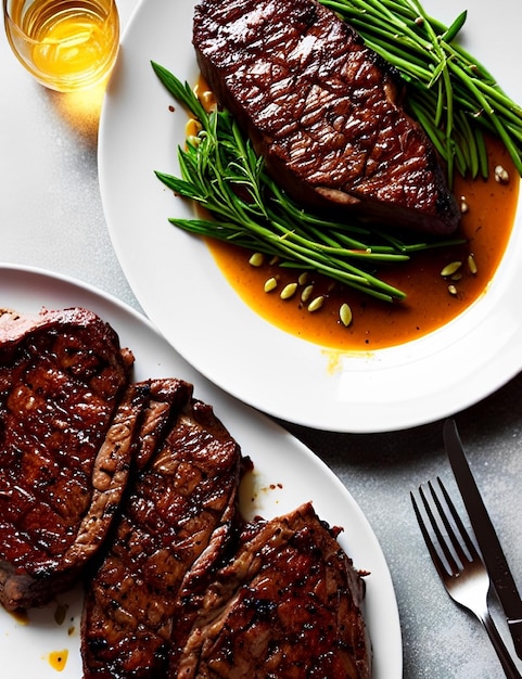 Um prato de bifes com feijão verde