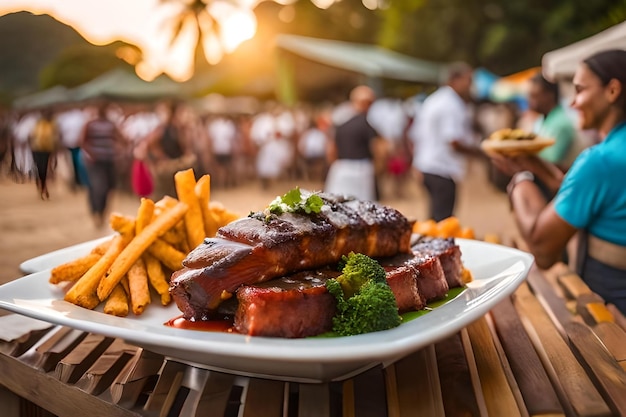 Foto um prato de bifes e batatas fritas com um homem ao fundo.