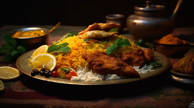 Um prato de biryani com um monte de comida nele AI generativa