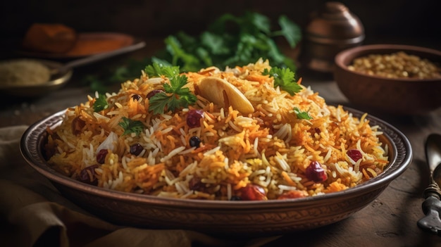 Um prato de biryani com uma tigela de comida