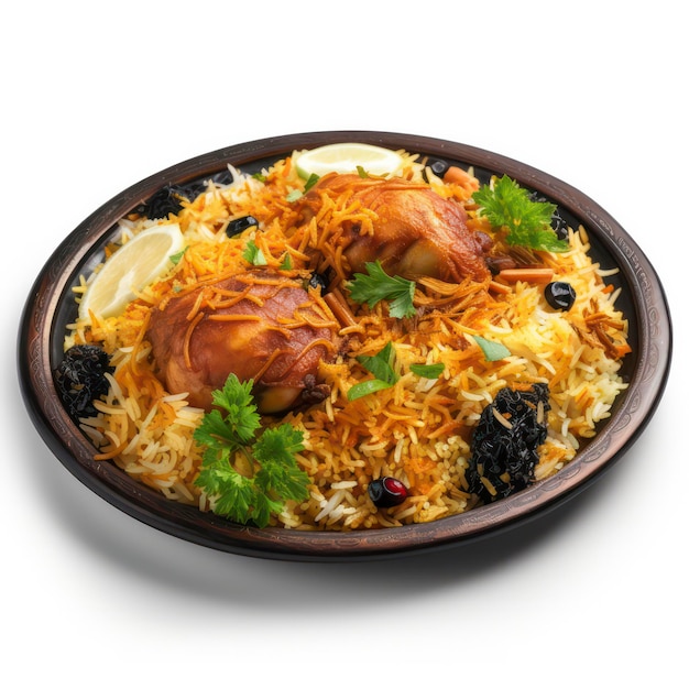 um prato de biryani em fundo branco para fotografia de comida