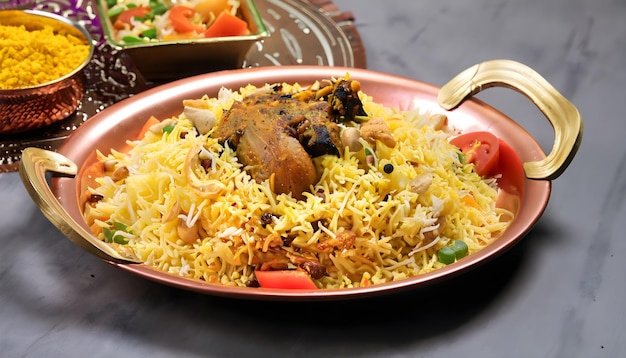 Um prato de biryani tradicional sindhi conhecido por seus sabores aromáticos e aparência colorida