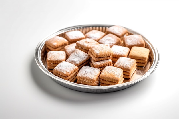 Um prato de biscoitos com açúcar em pó no topo