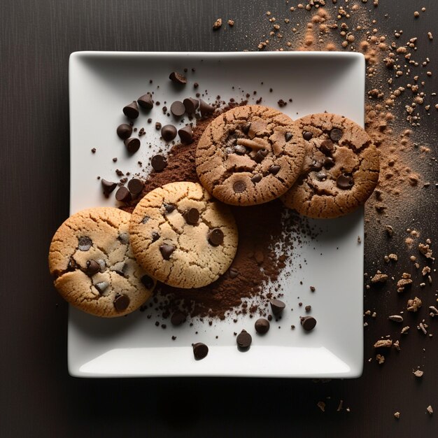 um prato de biscoitos com chips de chocolate