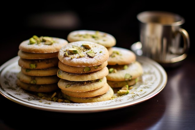 um prato de biscoitos com um copo de água