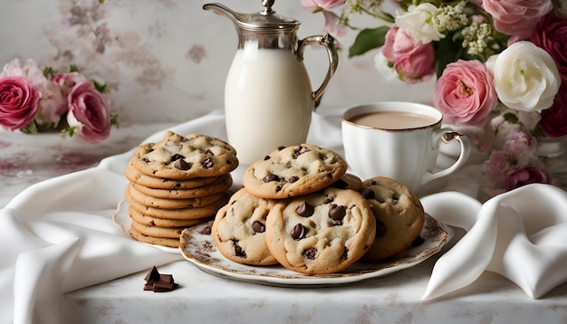 um prato de biscoitos com uma jarra de leite ao lado com uma chávena de café no fundo