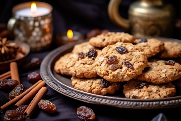 Um prato de biscoitos de aveia clássicos salpicados de passas e canela