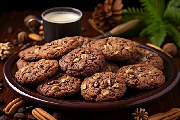 Um prato de biscoitos de aveia clássicos salpicados de passas e canela