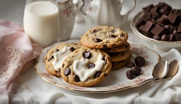 um prato de biscoitos de chocolate com chips de chocolate e uma chávena de leite