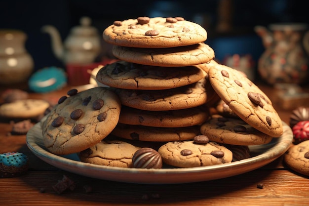 Um prato de biscoitos de chocolate com gotas de chocolate.