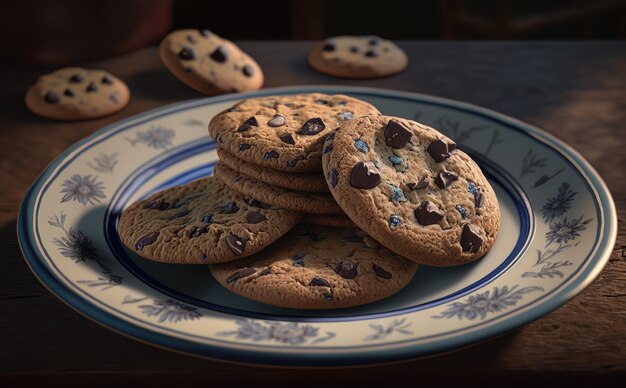 Um prato de biscoitos de chocolate com um padrão floral. ai gerado