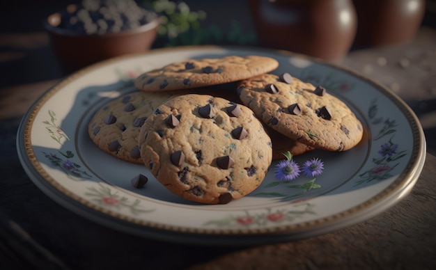 Um prato de biscoitos de chocolate com um padrão floral. ai gerado