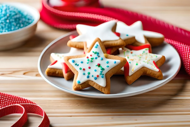 Um prato de biscoitos de gengibre com uma fita vermelha ao fundo