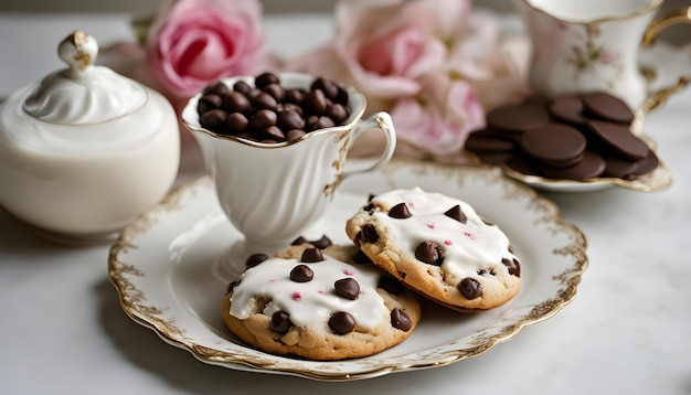 um prato de biscoitos e uma chávena de café com chips de chocolate e uma flor nele