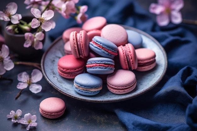 Um prato de biscoitos franceses sobre um fundo azul com flores cor de rosa.